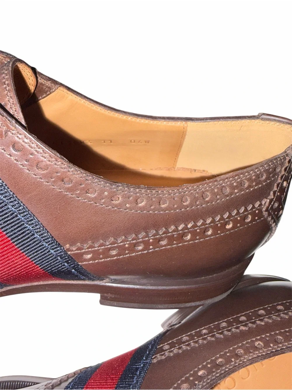 Gucci Dark Brown Leather Wingtip Slip-On Loafers with Red & Blue Web size 11